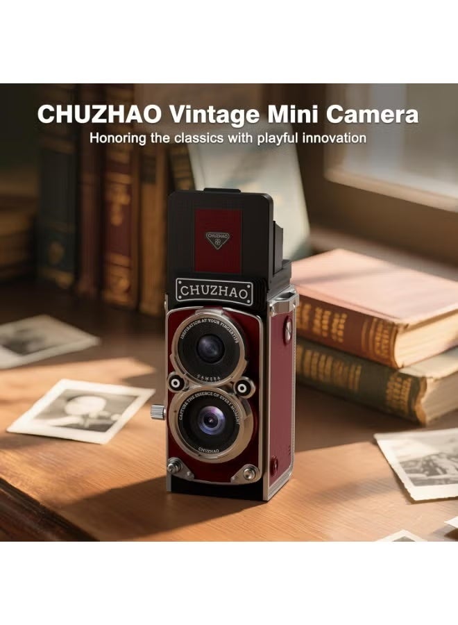 ZONBON CHUZHAO Vintage Mini Digital Camera, Portable TLR Style Retro Point and Shoot Compact Small Pocket 1080P FHD Video 12MP Autofocus Vlogging Camera with 16 GB Card for Beginners Teens Adults Red - Image 2